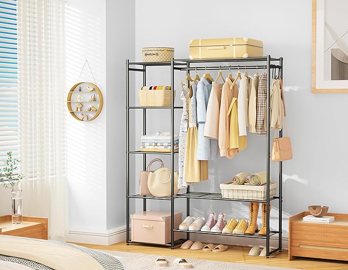 Neprock Wardrobe Closet, Portable Clothing Rack for Hanging Clothes, Free Standing Closet Organizers and Storage System with 4 Tiers Shelves for Cloakroom Bedroom, Black