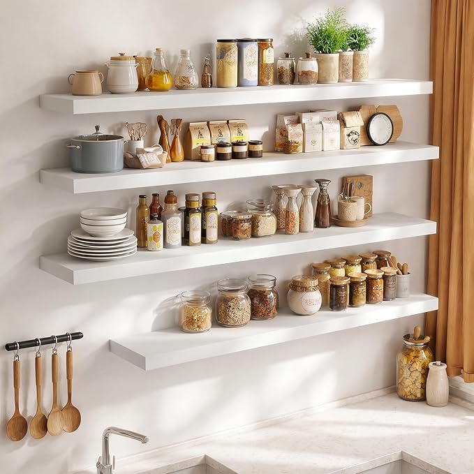 FLYJOE 48 Inch Long Floating Shelves for Wall Set of 1, 12" D Wood Grain Bathroom Shelves with Invisible Brackets, Easy Install Engineered Wood Storage Shelves for Kitchen, Living Room, Bedroom