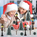 16 PCS Christmas Figurine Village Accessories, Mini Street Light Models with Brush Trees, Miniature Christmas Pathway Street Lamps Lantern Post for DIY Micro Landscape Fairy Garden
