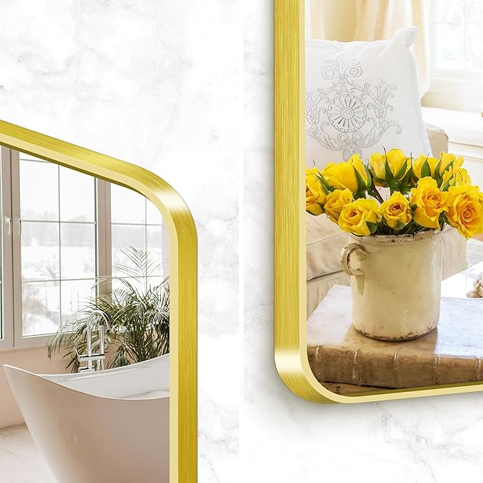 BONEWEI Gold Bathroom Mirror,60x40 inch Wall Mirror for Bathroom Wall Mounted,Round Rectangle Mirror for Bathroom Over Sink,Modern Frame for Home Decor Living Room,Bedroom Entryway,Horizontal/Vertical