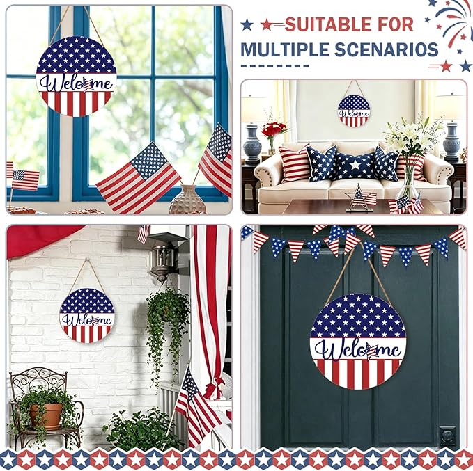 Harooni 4th of July Welcome Sign Memorial Day Door Hanger 12x12 Inch American Flag Star Wreaths for Front Door Decor American Patriotic Independence Day Hanging Sign for Home Wall Window Porch Outdoor