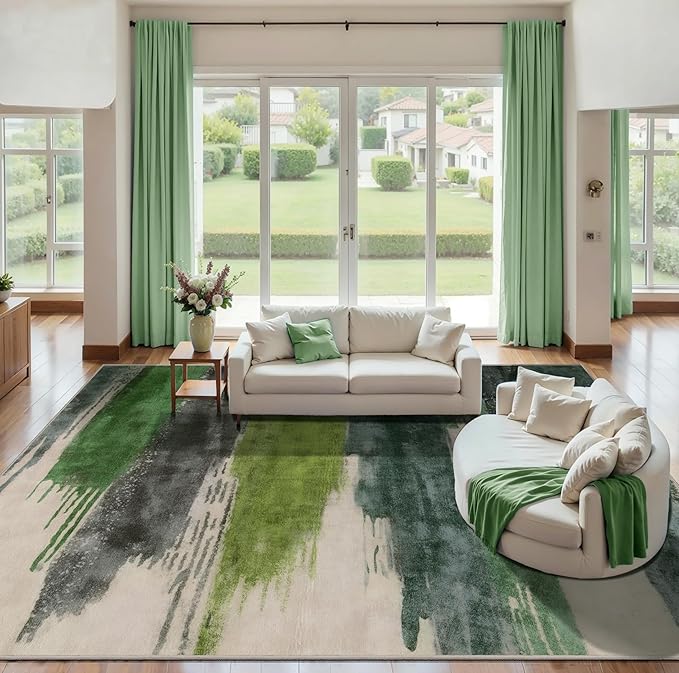 Ciicool Modern Abstract Green Rug for Living Room, 9'x12' Machine Washable Area Rug Non-Slip Rug, Low-Pile Contemporary Indoor Dining Floor Carpet for Bedroom Office Under Table Home Decor