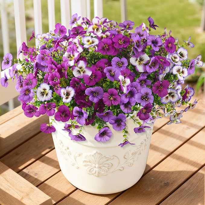 INQCMY Artificial Fake Pansy Flowers for Outdoor, 12 Pcs Faux Silk Pansies Flower for Spring Summer Decoration, UV Resistant Fake Plants for Outside Planter Porch Yard Patio Home Decor(Mixd Purple)