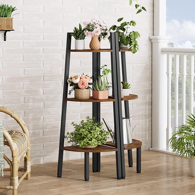 Hoctieon Corner Shelf, 3-Tier 40" Tall Corner Bookshelf, Rustic Ladder Shelf, Industrial Display Stand for Living Room, Kitchen, Home Office, Balcony, Small Space, Metal Frame, Rustic Brown