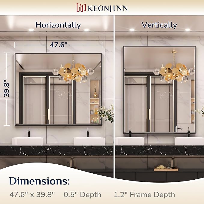 Keonjinn Large Black Bathroom Mirror 48 x 40 Inch, Bathroom Vanity Mirror for Wall, Oversized Metal Framed Mirrors for Over Sink, Rectangle Square Corner Framed Farmhouse Mirrors(Horizontal/Vertical)