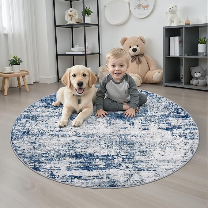 Round Area Rug for Living Room: 4 ft Washable Modern Abstract Soft Thin Rug Indoor Floor No Slip Stain Resistant Carpet for Bedroom Dining Room Farmhouse Nursery Home Office - Blue