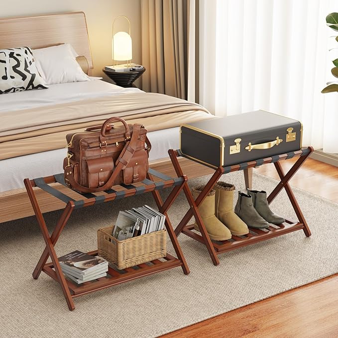 Bamboo Luggage Rack for Guest Room, Wide Suitcase Stand with Storage Shelf, Folding Luggage Stand Holder for Bedroom Hotel, 26.77" Thickened Luggage Rack for Suitcases, Brown