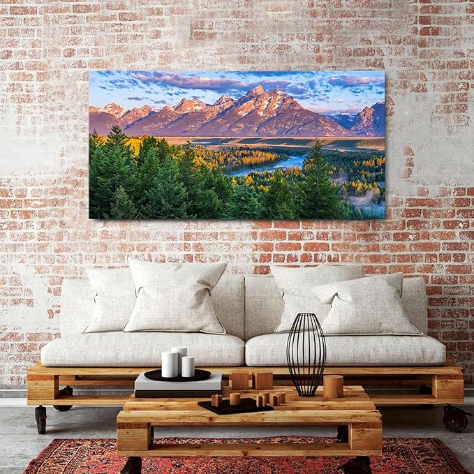 Grand Teton Mountain Wall Art Sunset Nature National Park Posters Oxbow Bend Snake River Landscape Wall Decor Wyoming Scenery Painting Artwork for Living Room Office Home Decoration 29.53x57.87"