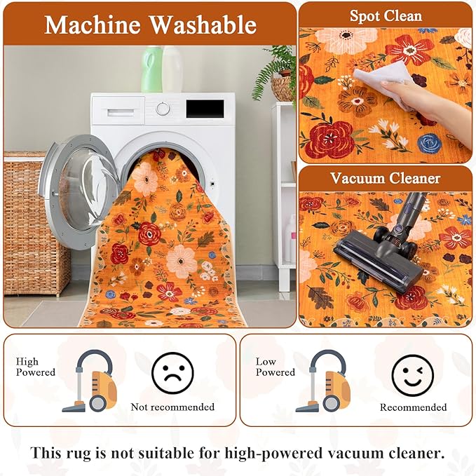 U'Artlines 8x10ft Fall Colorful Floral Area Rug Machine Washable Ultra Soft Low Pile Non Slip Non Shedding Accent Floor Carpet for Living Room, Bedroom, Dining Room, Office (Orange)