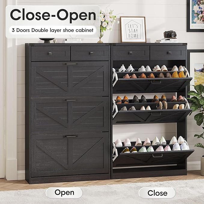 Shoe Cabinet with 3 Flip Drawers & 2 Drawers,Freestanding Shoe Storage Cabinet for Entryway,Farmhouse Narrow Slim Organizer Rack for Foyer,Hallway,Black