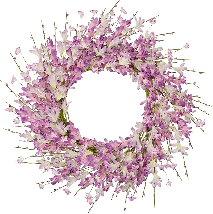 24 Inch Artificial Purple Forsythia Flower Wreath, Lavender Silk & Paper Bridal Floral Wreath for Front Door, Romantic Spring Summer Decor, Elegant All Season Farmhouse Porch Wall Decoration