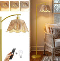 Oneach Boho Floor Lamp with 3 Color Temperatures, Farmhouse Floor Lamps for Living Room with Remote & Dimmable Bulb, Rattan Floor Lamp for Bedroom, Gold