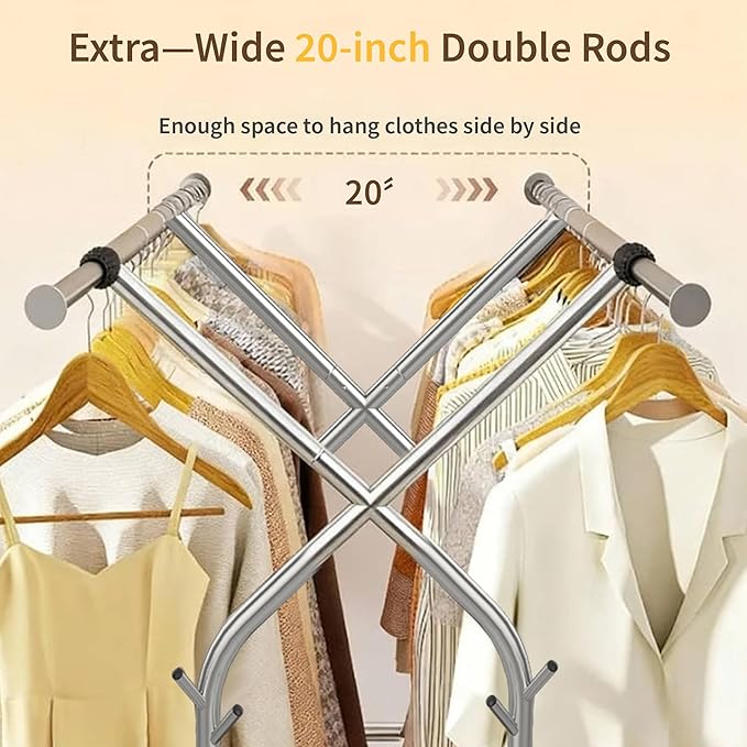 Heavy Duty Clothes Rack,Double Rods Clothing Rack for Hanging Clothes,Rolling Clothing Racks with Wheels,Metal Garment Rack for Bedroom Laundry Living Room,Silver