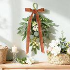 6 Pcs Spring Summer Green Eucalyptus Teardrop Swags 12" Artificial Eucalyptus Chandelier Swag Decor with Brown Velvet Bows Farmhouse Teardrop Wreaths for Indoor Outdoor Farmhouse Home Decor