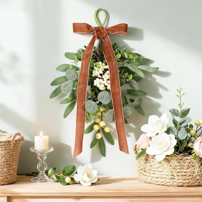 6 Pcs Spring Summer Green Eucalyptus Teardrop Swags 12" Artificial Eucalyptus Chandelier Swag Decor with Brown Velvet Bows Farmhouse Teardrop Wreaths for Indoor Outdoor Farmhouse Home Decor