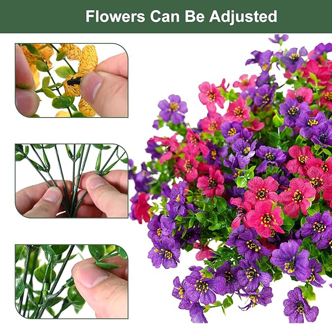 Artificial Flowers for Outdoor, UV Resistant Fake Silk Flowers, Realistic Faux Plants for Outside Indoor Porch Patio Window Box Planter Home Decor (14, Purple Rosy Pink)