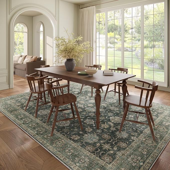 Washable 8x10 Area Rugs for Living Room, Boho Non-Slip Vintage Distress Large Rugs for Bedroom Dining Room Nursery Office, 0.3" Neutral Oriental Throw Thin Carpet, Sage Green/Blue/Multi