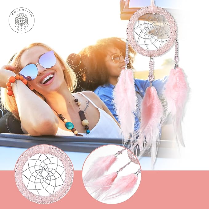 Luxury Dream Catchers - Light Pink Rooster Feather with Crystal Diamond, Handmade Small Dreamcatcher for Bedroom, A Dream Catcher for Girls, Dream Catchers for Boys, Dream Catcher Wall Decor