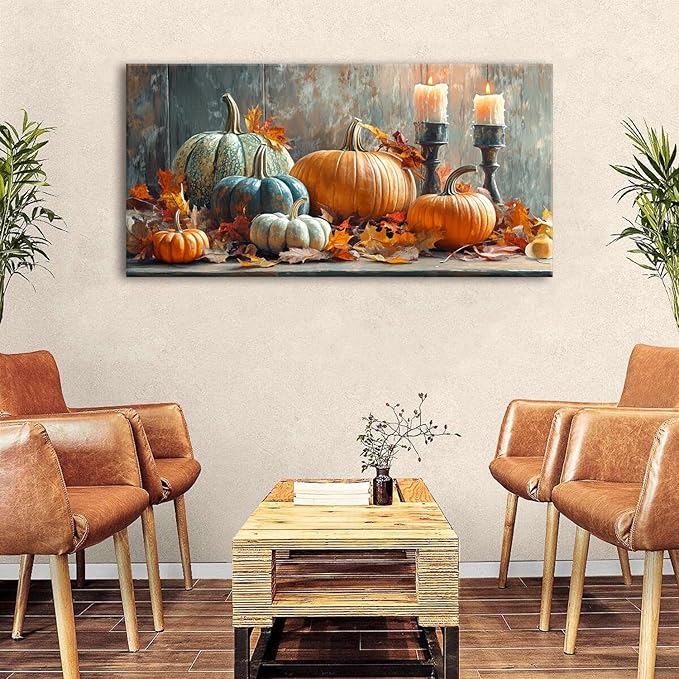 Farmhouse Kitchen Decor Pumpkin Wall Decor Maple Leaves Painting White Orange Pumpkin Canvas Prints Rustic Fall Harvest Themed Picture Still Life Artwork for Bedroom Dining Room Home Decoration 24x48"