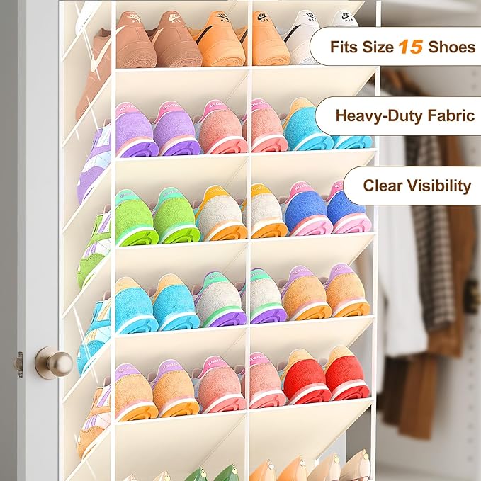 20-30 Pairs Over the Door Shoe Organizer, Clear Pockets Hanging Shoe Storage for Closet, 10-Tier Door Shoes Rack, Handing Shoes Holder Fit All the Family's Sneakers, Boots, Heels, Beige