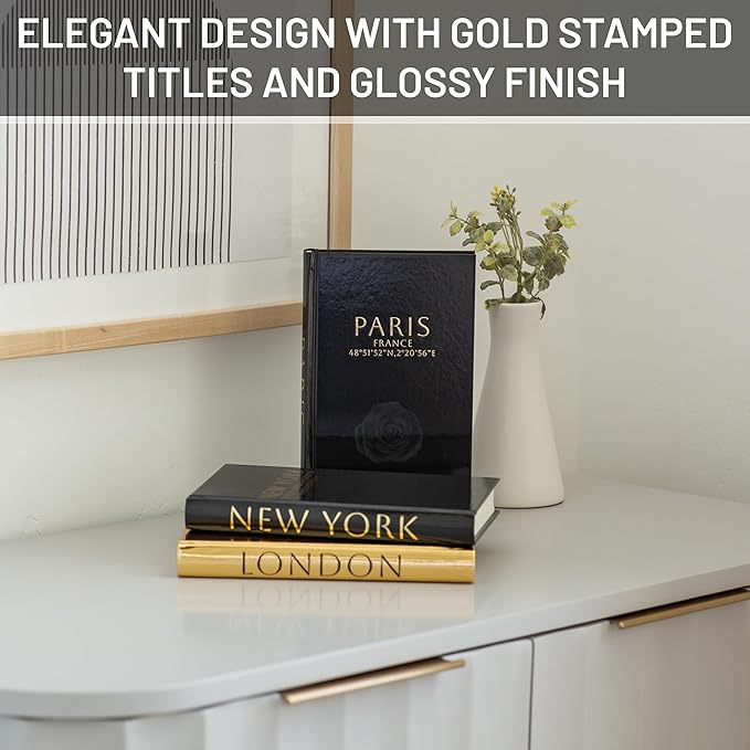 Decorative Books for Home Decor – Decorative Hardcover Display Faux Books for Bookshelf – Black and Gold Foiled Decor Books for Coffee Table – Fashion Designer Books Decor Set of 3 (Black and Gold)