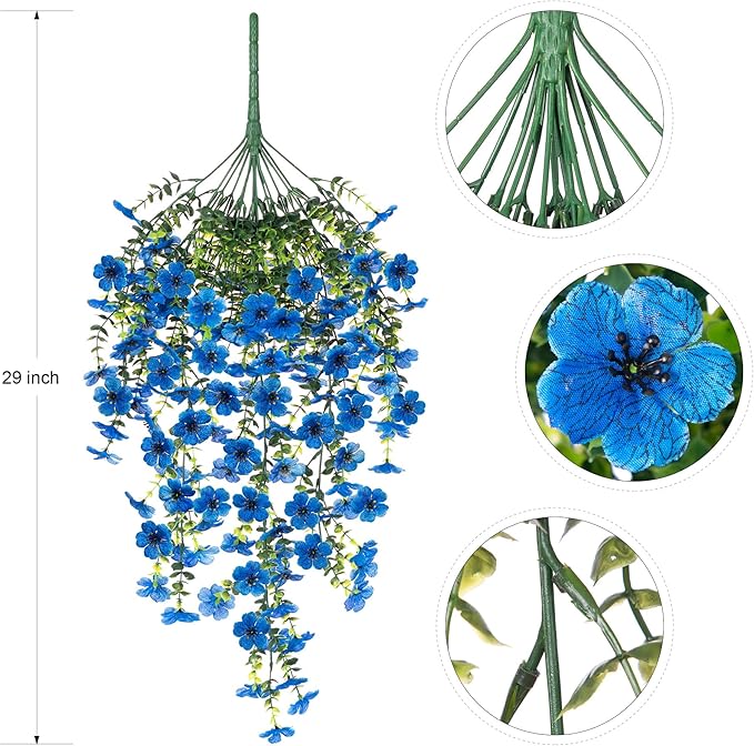 Artificial Hanging Flowers for Outdoors Faux Plants Spring Summer Decoration, 2 Pack Silk Colorful Daisy Realistic Fake Outdoor Flowers UV Resistant Porch Patio Window Yard Decor(Blue)