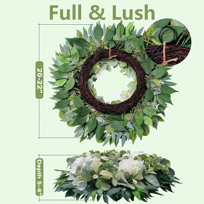 Spring Summer Wreaths for Front Door Porch, 22" Hydrangea Eucalyptus Wreath for Indoor Outdoor All Seasons, Artificial Greenery Farmhouse Decor for Mother's Day