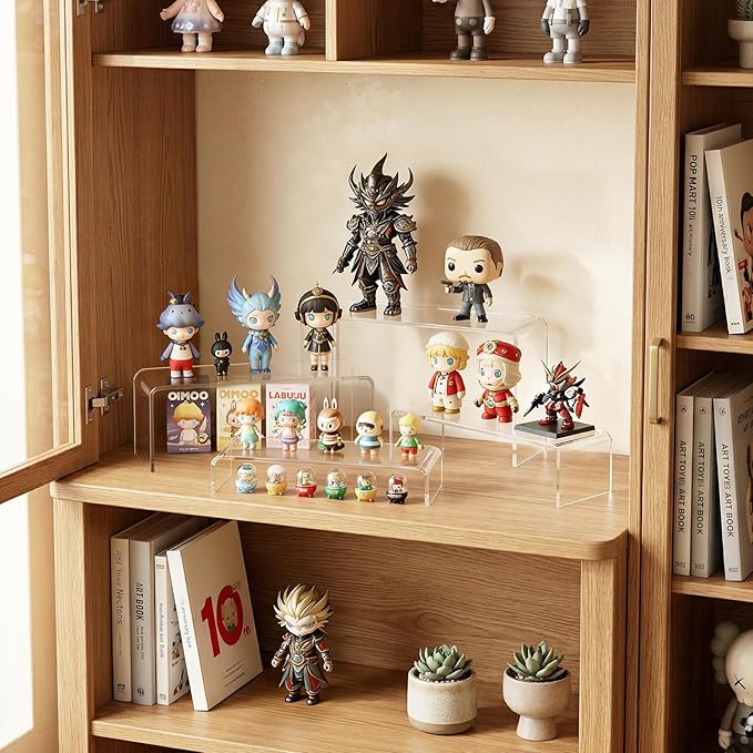FUNFERY Acrylic Display Risers, 2 Set(7.8" L~8.2" L~8.6" L~9”L) Display Shelf for Figure, Collectibles, Cupcake, Clear Acrylic Stands for Dessert, Jewelry, Candy Showcase, 4 Tier Action Figure Stand