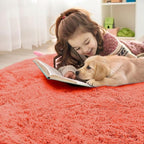 OLANLY Coral Red Round Rugs for Bedroom - Machine Washable, 5 ft Circle Area Rugs for Living Room, Soft and Fluffy Shaggy Carpet for Teen Girl and Boys, Nursery Rooms, Dorms, Home Decor Aesthetic