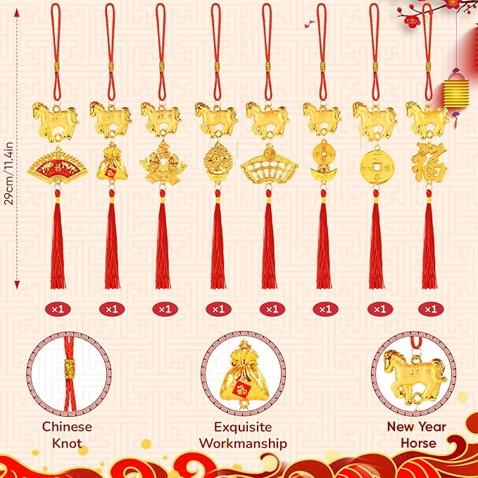 8 Pcs Chinese New Year Horse Decorations Lunar New Year 2026 Red Tassel Ornaments with Wealth Success Good Luck Hanging Decorations for Gifts Home Car Decor