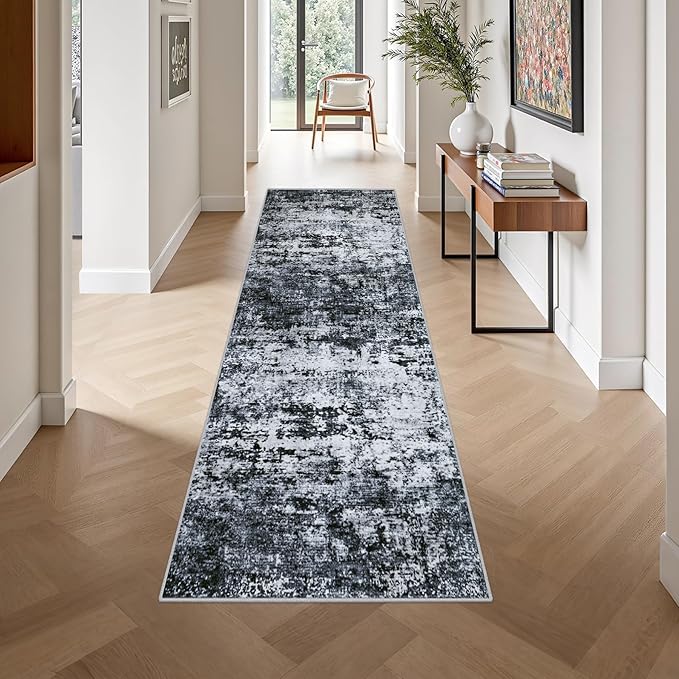 2.6'x10' Runner Rug Washable Rug: Modern Abstract Soft Thin Runner Rug Black