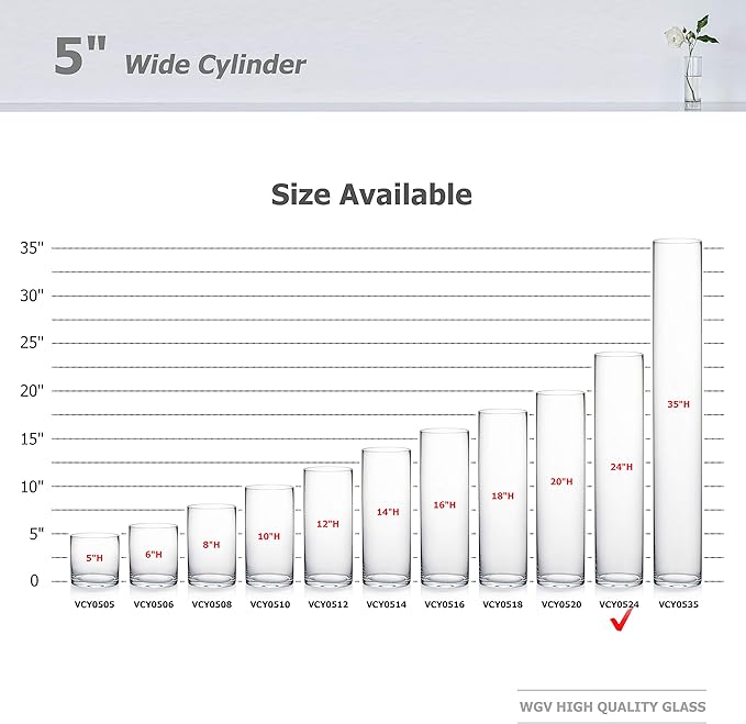 WGV Cylinder Vase, Diameter 5", Height 24", Clear Glass Floral Planter Container, Tall Centerpiece Arrangement for Wedding Party Event Home Office Decor, 1 Piece