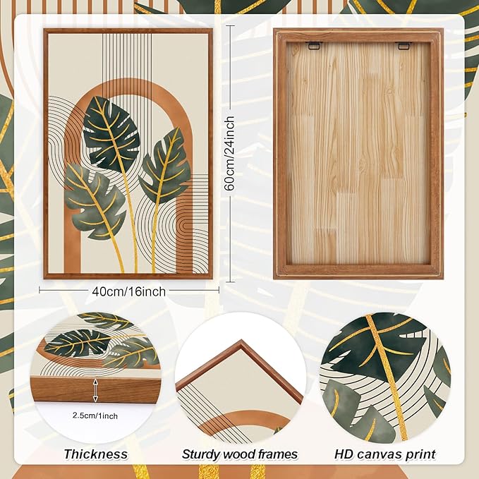 KAIRNE Boho Canvas Wall Art,Abstract Minimalist Room Decor,Tropical Botanical Wall Decor,Mid-Century Geometric Illustrations Set of 3(16”X24”),Botanical Print for Living Room Bedroom Dining Room Decor