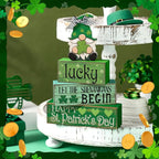 Moucuny 4 Pcs St. Patrick's Day Table Decoration Irish Tiered Tray Decor Wooden Gnome Shamrocks Block Signs Happy St. Patrick's Day Centerpiece for Tables Irish Wooden Sign for Home Decor