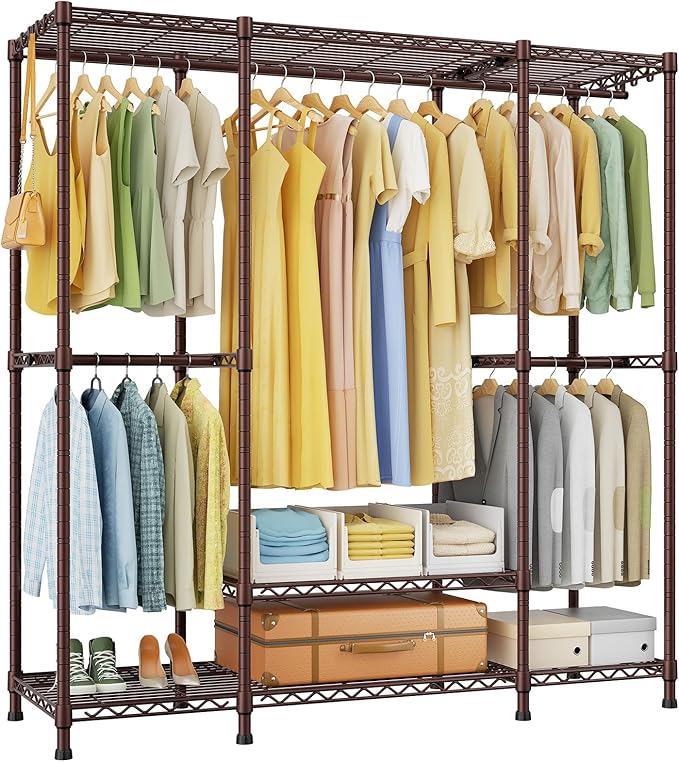 Ulif E3 Heavy Duty Garment Rack, 4 Tiers Freestanding Closet Organizer System with 5 Shelves, Metal Closet Organizer and Storage System for Clothes, Max Load 850lbs, 58.4"W x 15.7"D x 77.3"H, Bronze