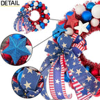 HipTree 16 Inch Patriotic Ball Wreath for Front Door with Lights, 4th of July Wreath with Red White Blue Stars & Ribbon for Memorial Day, Independence Day,Veterans Day, Flag Day,Summer Decorations