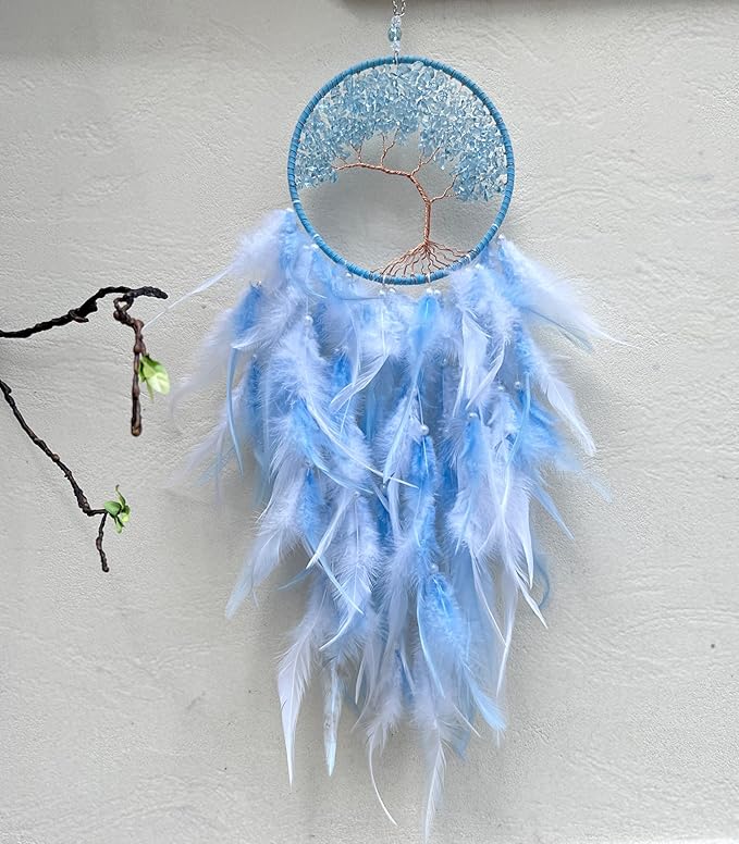 Dream Catchers, Sky Blue Dream Catcher Tree of Life Wall Decor, with Natural Healing Crystal Stone, Perfect Handmade Dreamlike Crystal Dream Catcher for Bedroom Art Craft Gift