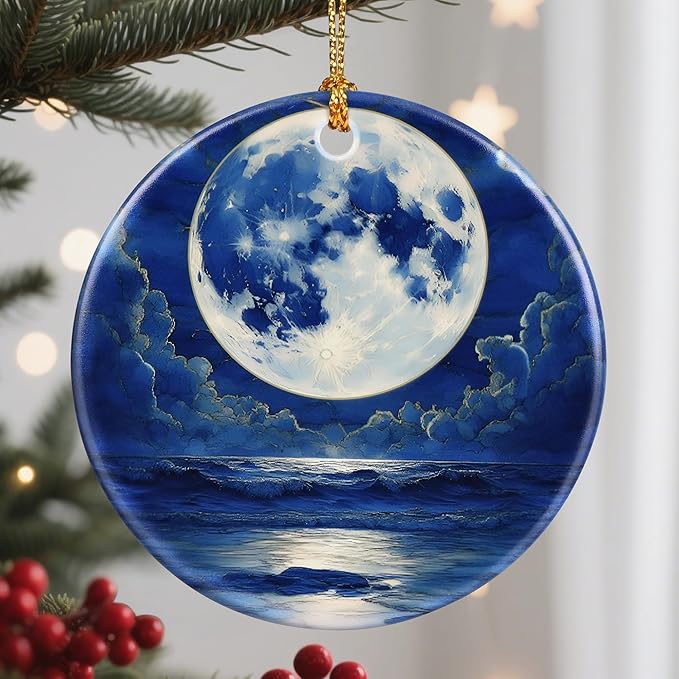 Christmas Ornaments, 2.8 Inch Ceramic Hanging Ornament, Christmas Tree Ornaments, Xmas Decorations, Holiday Decorations, Holiday Party Gifts, and Xmas Gift Ideas - Full Moon Over Ocean