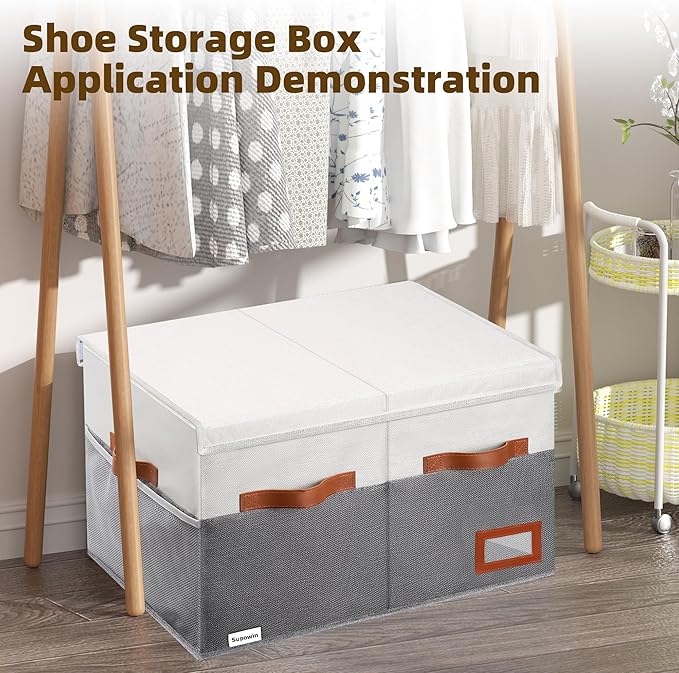 Shoe Organizer for Closet, Foldable Shoe Storage Bins with Lid & Adjustable Dividers, Fabric Shoe Box Storage Containers with Four Reinforced Handles, Fits 16 Pairs, 1 Pack, Grey