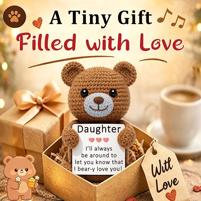 WELLBANEE Daughter Gifts from Mom Dad, Positive Crochet Bear Gift for Daughter, Birthday Graduation Gifts for Daughters, Handmade Comfort Gift for Teen Girls Women