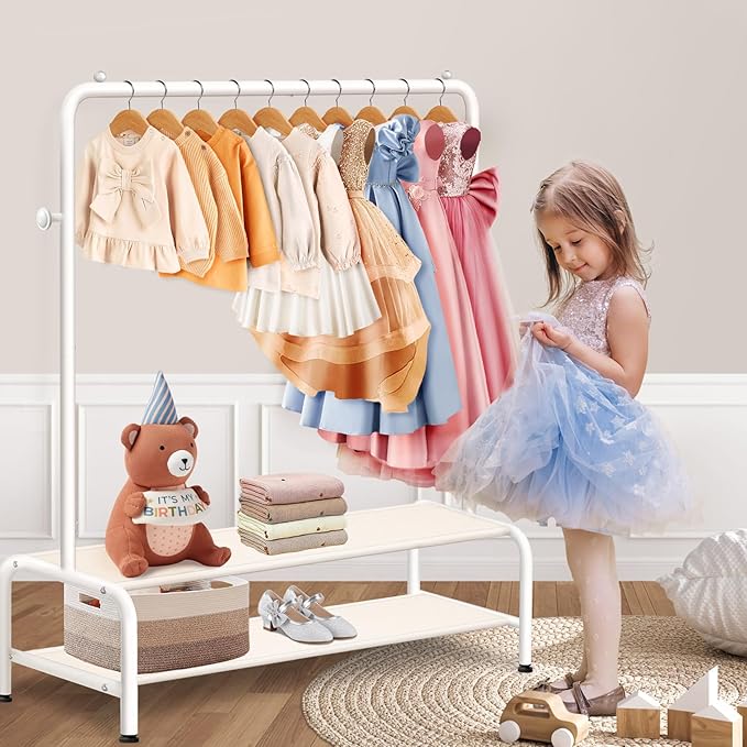 Kids Clothing Rack - Dress Up Clothes Rack - Baby Toddler Closet - Mini Freestanding Coat Racks with 2 Fabric Shelves - Small Kids Costume Wardrobe - Garment Rack for Hanging Clothes Organizer