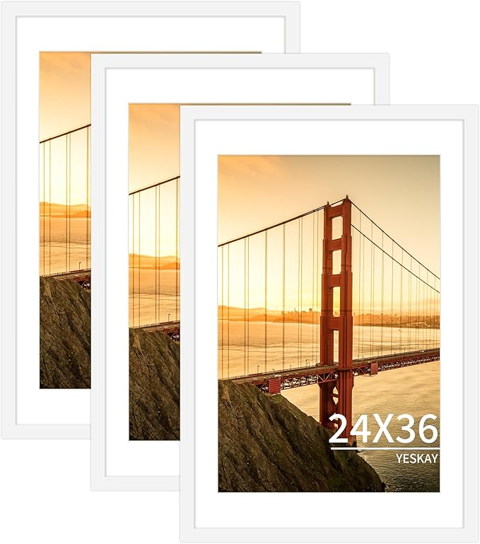 24x36 Picture Frame White Set of 3, Display Pictures 20x30 with Mat or 24 x 36 Without Mat, Poster Frames 24x36 for Wall Hanging Horizontal and Vertical