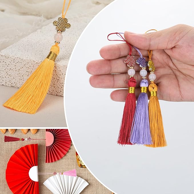 Beautyflier 24PCS Chinese Knot Tassel Pendant for Phone Case, Mini Mala Tassels with Hanging Loop, Jade Beads and Charms for Home Office Decor, Car Hanging Decoration, Graduation (8 Colors #1)