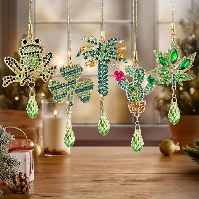 5Pcs Hanging Christmas Ornaments Christmas Tree Green Crystal Drop Pendant for Xmas Wedding Party Gifts Crystal Suncatchers Indoor Home Decor