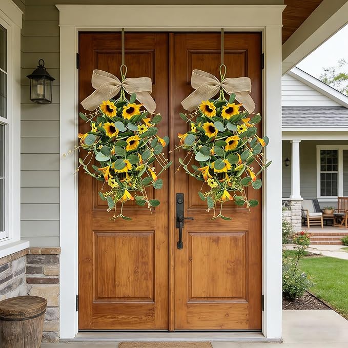 2 Pack 21'' Summer Sunflower Swag Wreaths for Cabinets Artificial Yellow Daisies Flower Teardrop Wreath with Orange Berry and White Sprigs Floral Wreath for Farmhouse Front Door Porch Window Wall