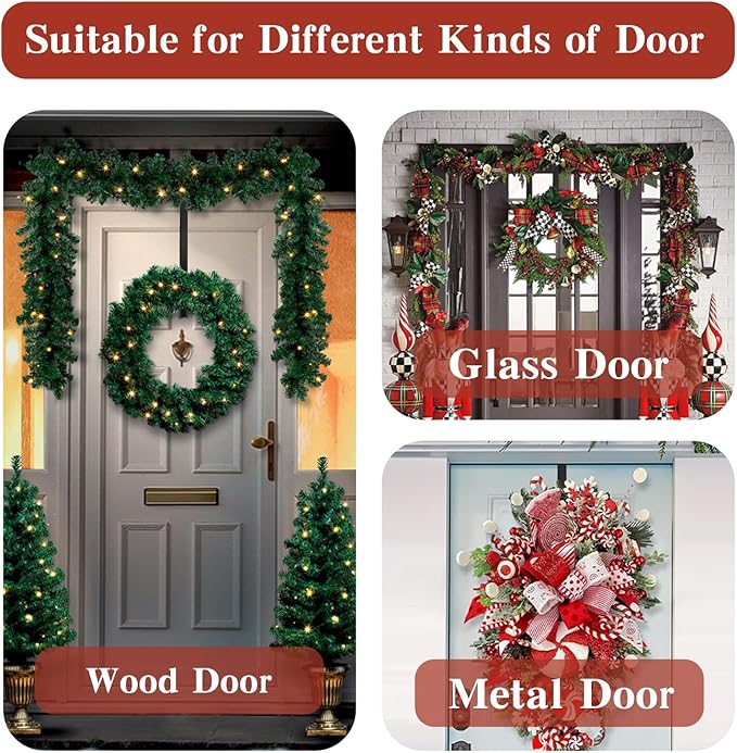 Wreath Door Hanger, Black Wreath Hanger for Front Door, Adjustable Wreath Hanger from 15 to 25 Inches Wreath Hangers, Metal Doors Wreath Hangers for Christmas, Spring, Easter Decorations Wreaths