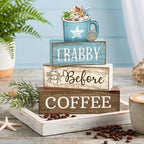 Lineshading 4 Pcs Summer Table Decorations Wooden Beach Coffee Decor Summer Tiered Tray Decor Farmhouse Crabby Before Coffee Crab Block Signs Gifts for Beach Nautical Party Home Office Decorations