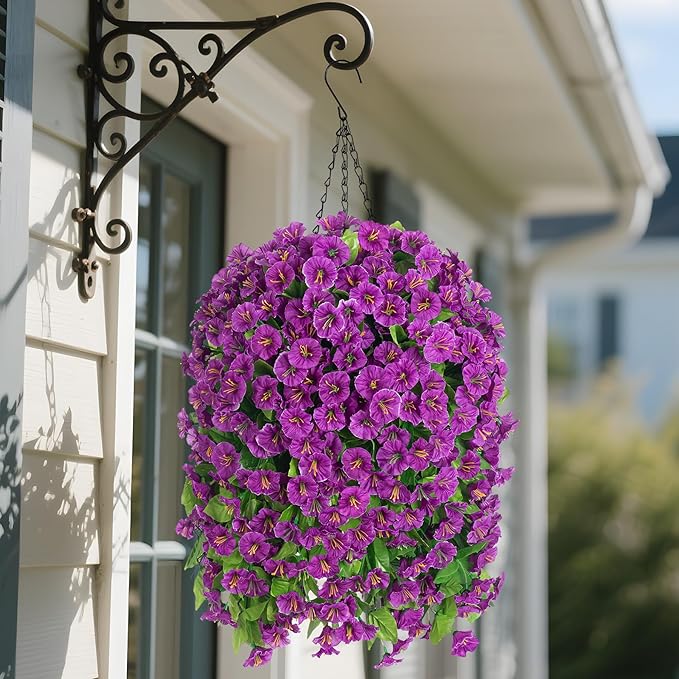 Artificial Faux Hanging Flowers Basket for Spring Summer Outdoor Porch Decor, Fake Silk Colorful Morning Glory Eucalyptus in Planter UV Resistant Look Real for Home Balcony Yard(Darkorchid)