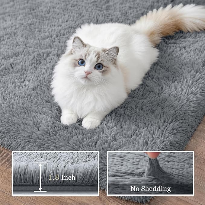 Fluffy Area Rugs 9x12 Living Room Bedroom: Ultra Soft Shag Rug Upgrade Non-Slip Non-Shedding Large Fuzzy Plush Carpet Indoor Floor Carpets for Kids Room Playroom Nursery Dorms Home Decor Light Gray
