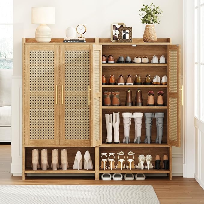 Narrow Shoe Cabinet with 2 Doors, 6-Tier Rattan Tall Shoe Storage Cabinet with 2 Adjustable Shelves & Wooden Legs, 46.3"H Slim Shoes Rack Organizer Cabinet for Entryway, Hallway, Natural Oak